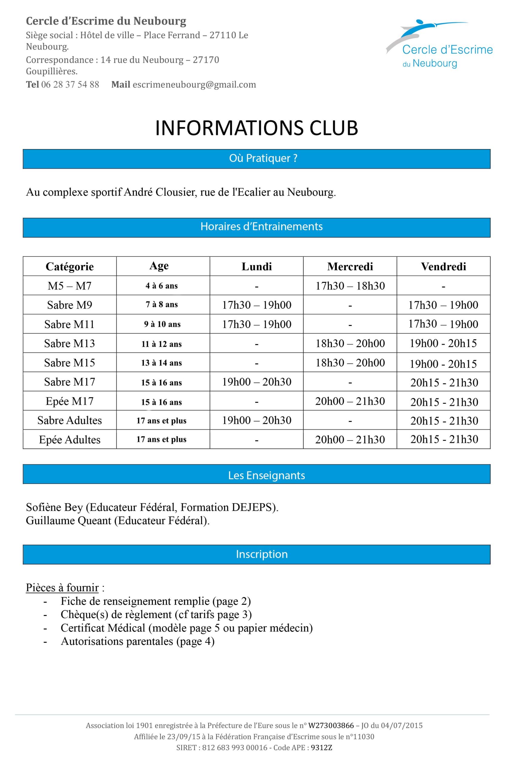 informations des horaires du club